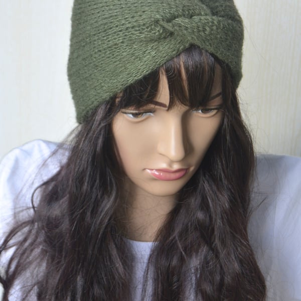 Knitted Headband Earwarmer Soft Alpaca Silk Garden Moss Green Letterbox Gift