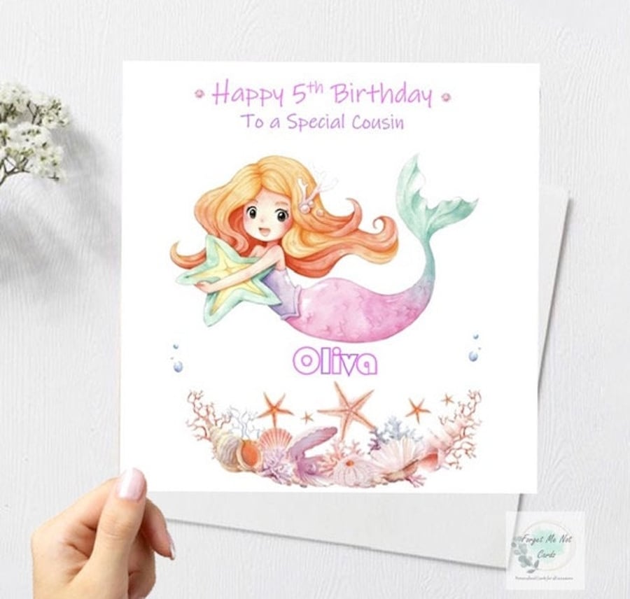 Mermaid Pastel Rainbow Birthday Card for Girl Handmade and Personalised