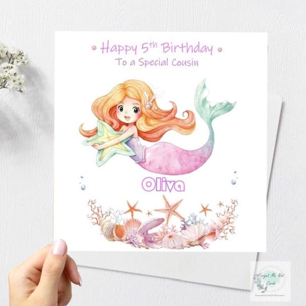 Mermaid Pastel Rainbow Birthday Card for Girl Handmade and Personalised