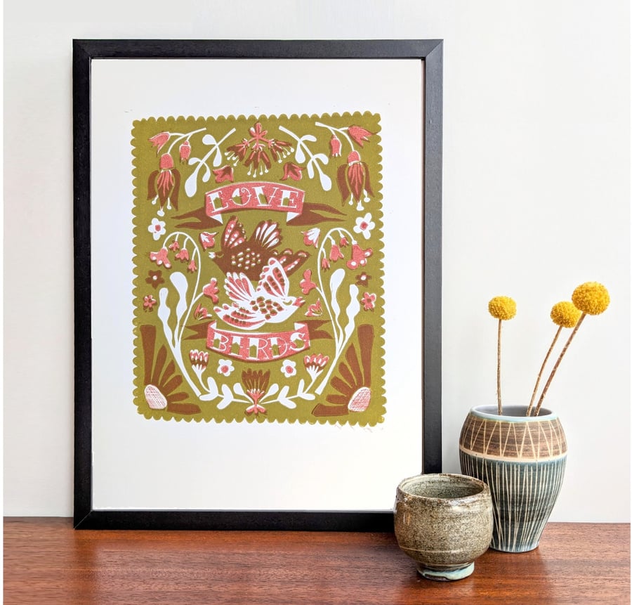 Love Birds in Olive and Burgundy - A3