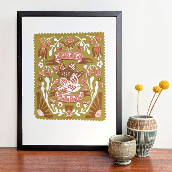 Love Birds in Olive and Burgundy - A3