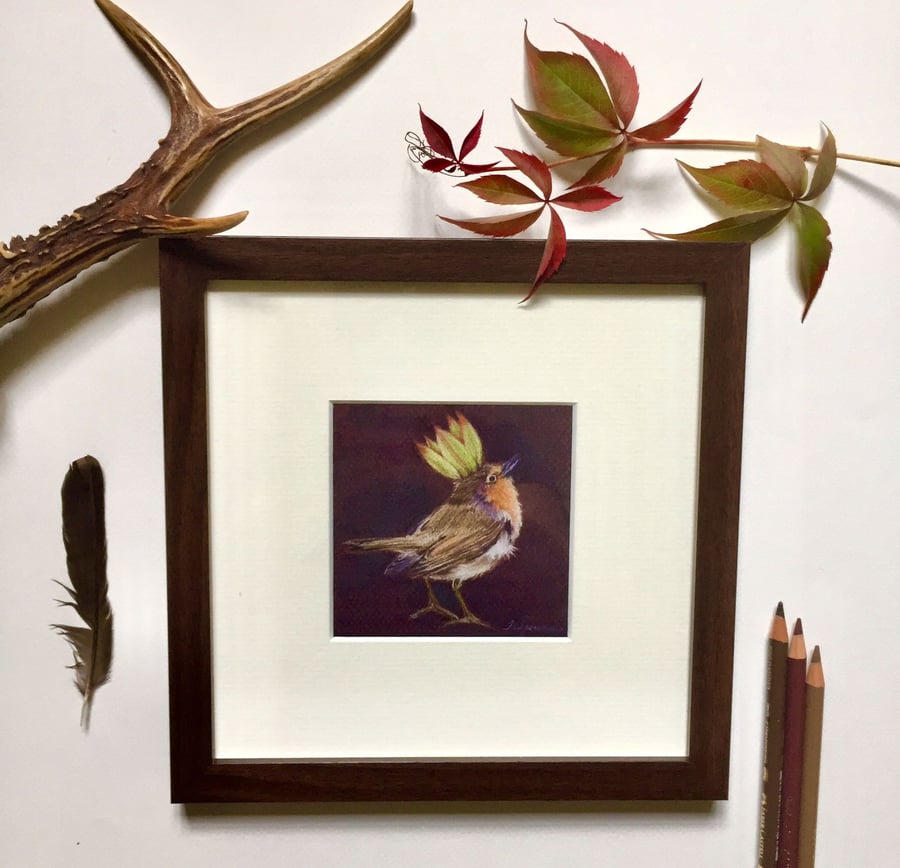 "The Robin King" Original wooden framed metallic watercolour drawing.