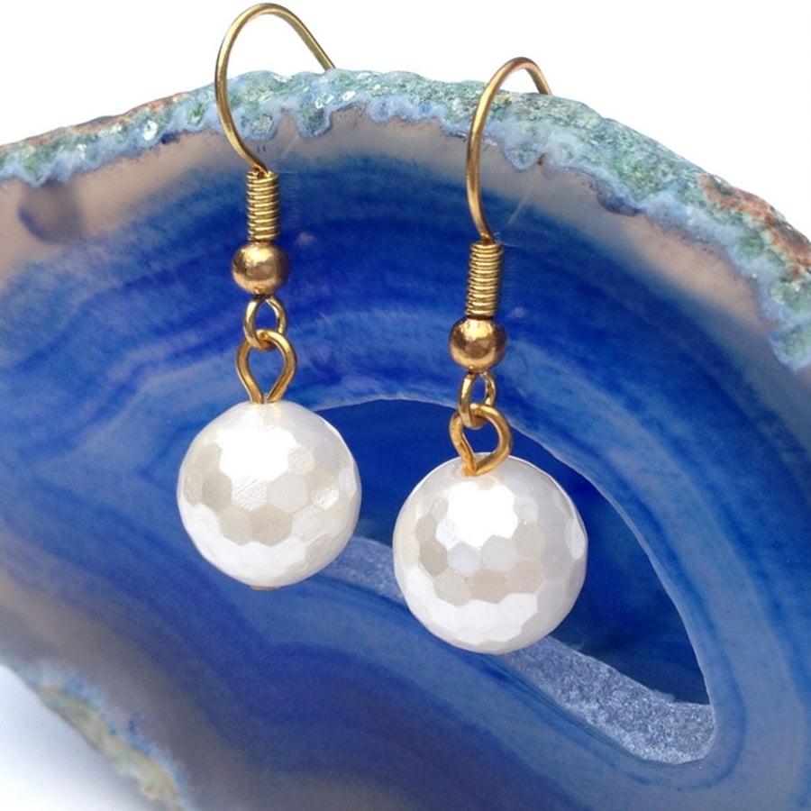 Gold Plated Faceted White Shell Pearl Earrings