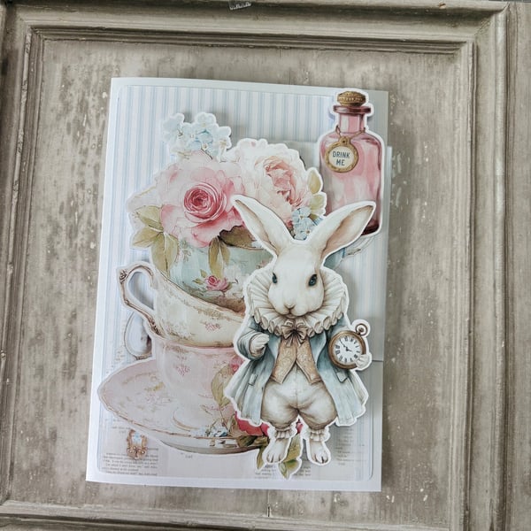Greeting Card - A Most Curious Tea Party - White Rabbit - Tea Bag Gift C262