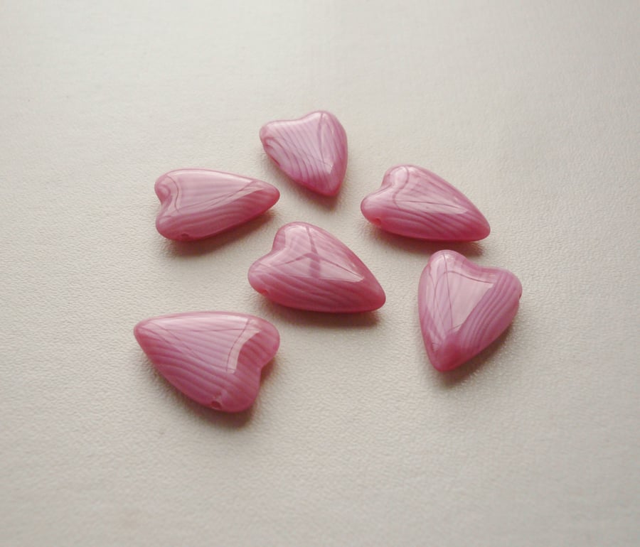 6 Light Pink Glass Heart Beads