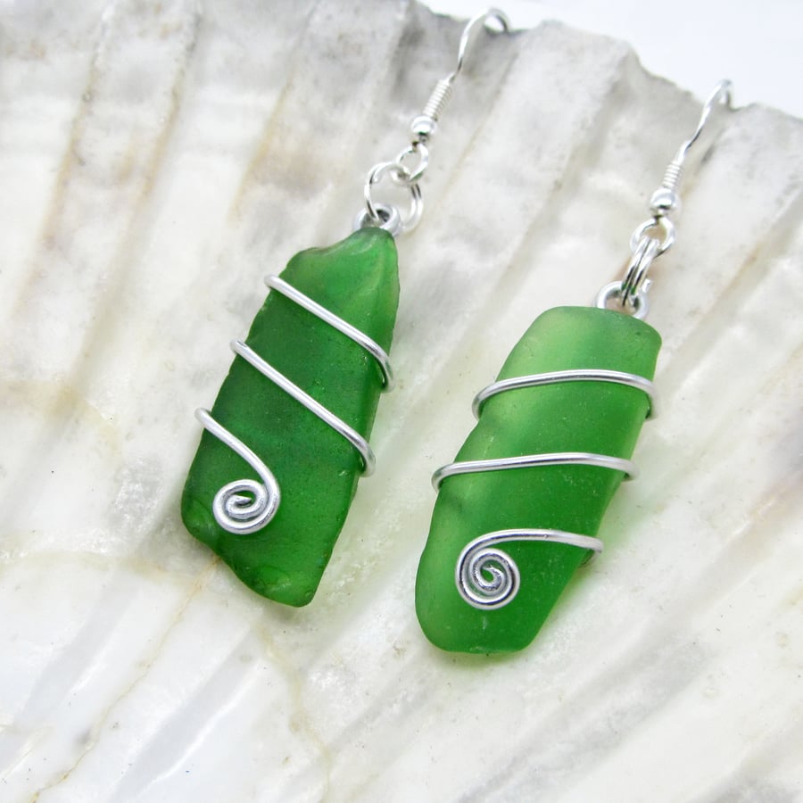 Sea Glass Earrings. Green Scottish Sterling Silver Wire Wrapped Celtic Jewellery