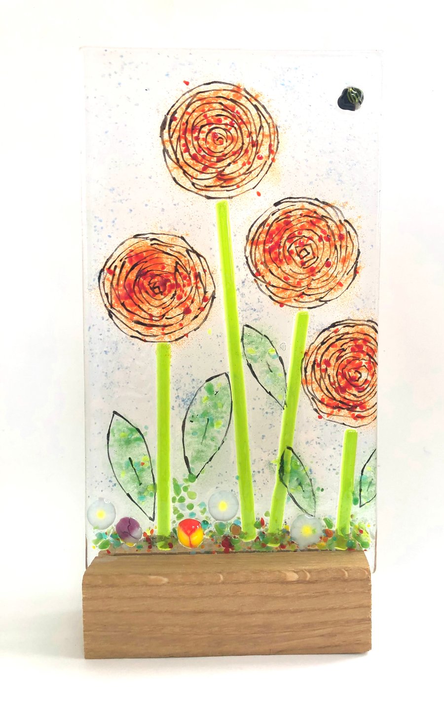 Glass floral red panel with stand and bee