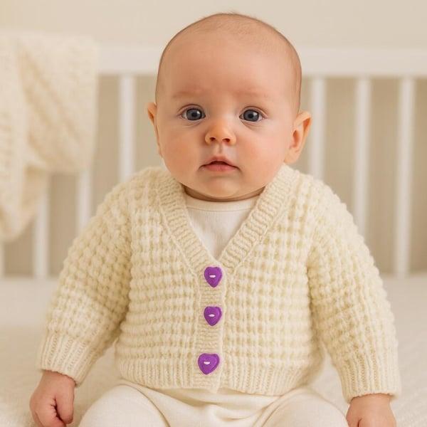Hand knitted baby cardigan in cream with textured pattern and mauve heart button