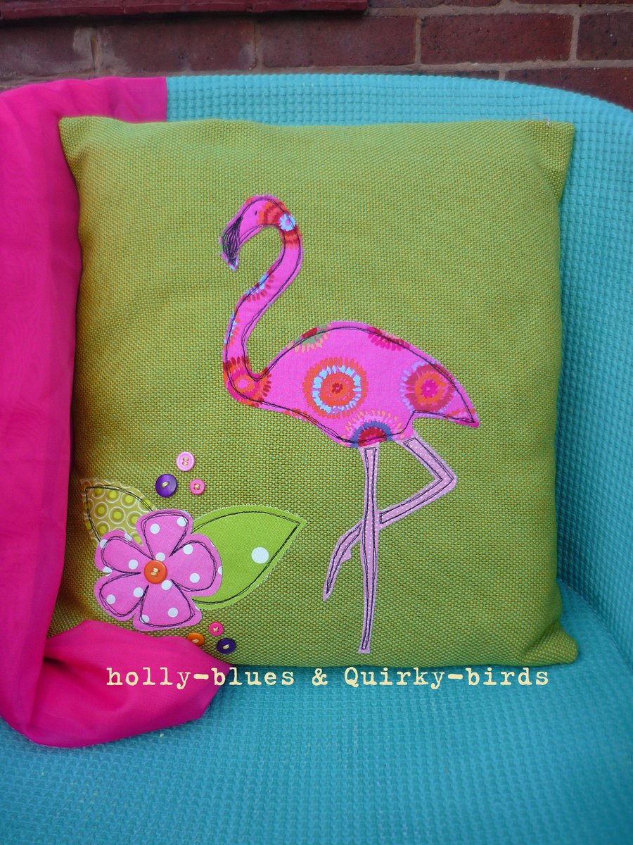Handmade Cushion with Applique Flamingo and Flower Lime Green & Hot PINK Kitsch
