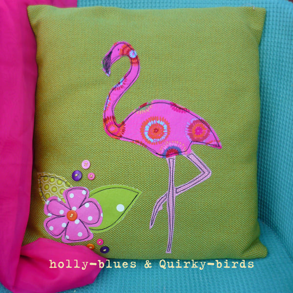 Handmade Cushion with Applique Flamingo and Flower Lime Green & Hot PINK Kitsch