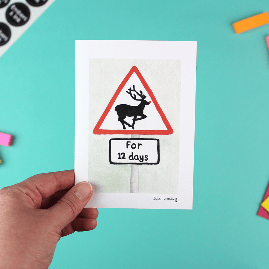'For 12 Days ' Rudolph Roadsign Christmas Card with envelope