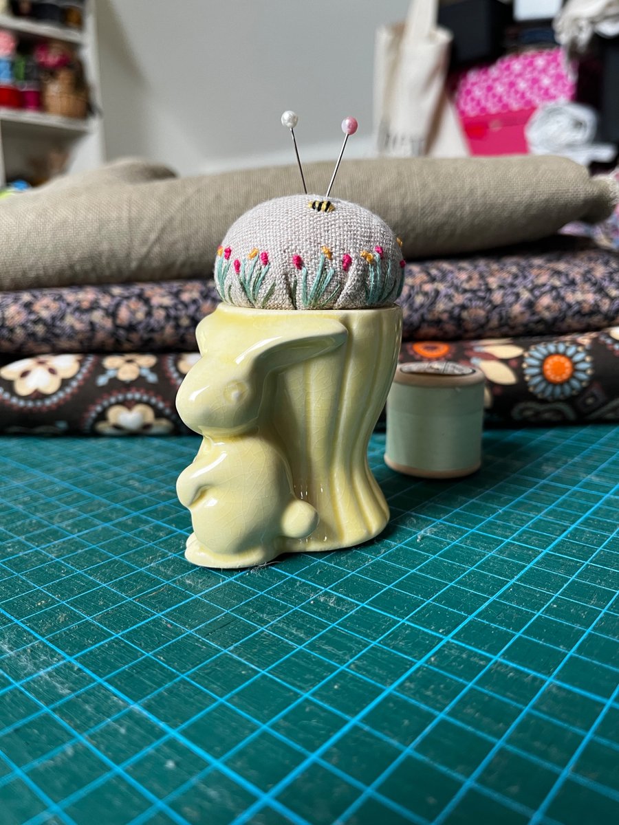 Yellow Rabbit vintage egg cup pincushion