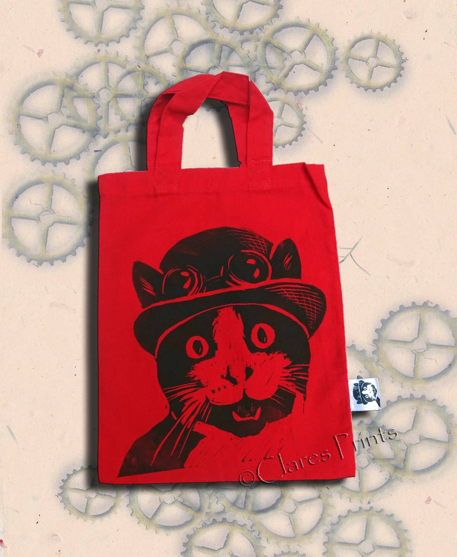 Steampunk Cat Tote Hand Printed Red Mini Tote Shopping Bag