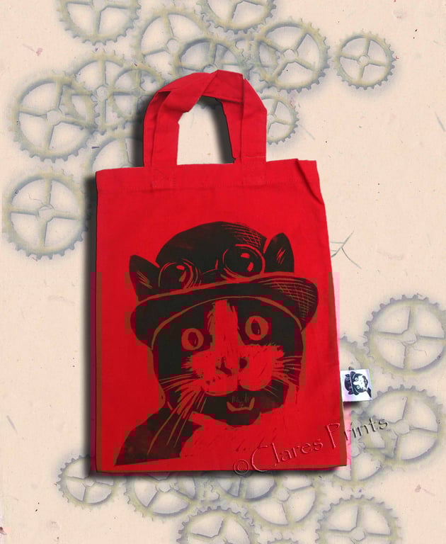 Steampunk Cat Tote Hand Printed Red Mini Tote Shopping Bag