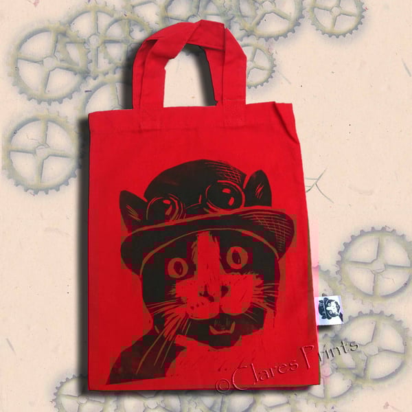 Steampunk Cat Tote Hand Printed Red Mini Tote Shopping Bag