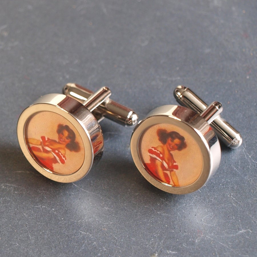 1940s Vintage Pinup Cufflinks, Girl in a Red Dress