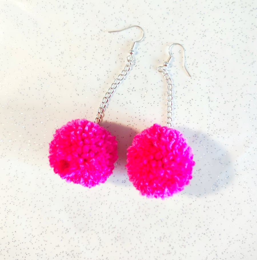 Handmade pink pom pom earrings