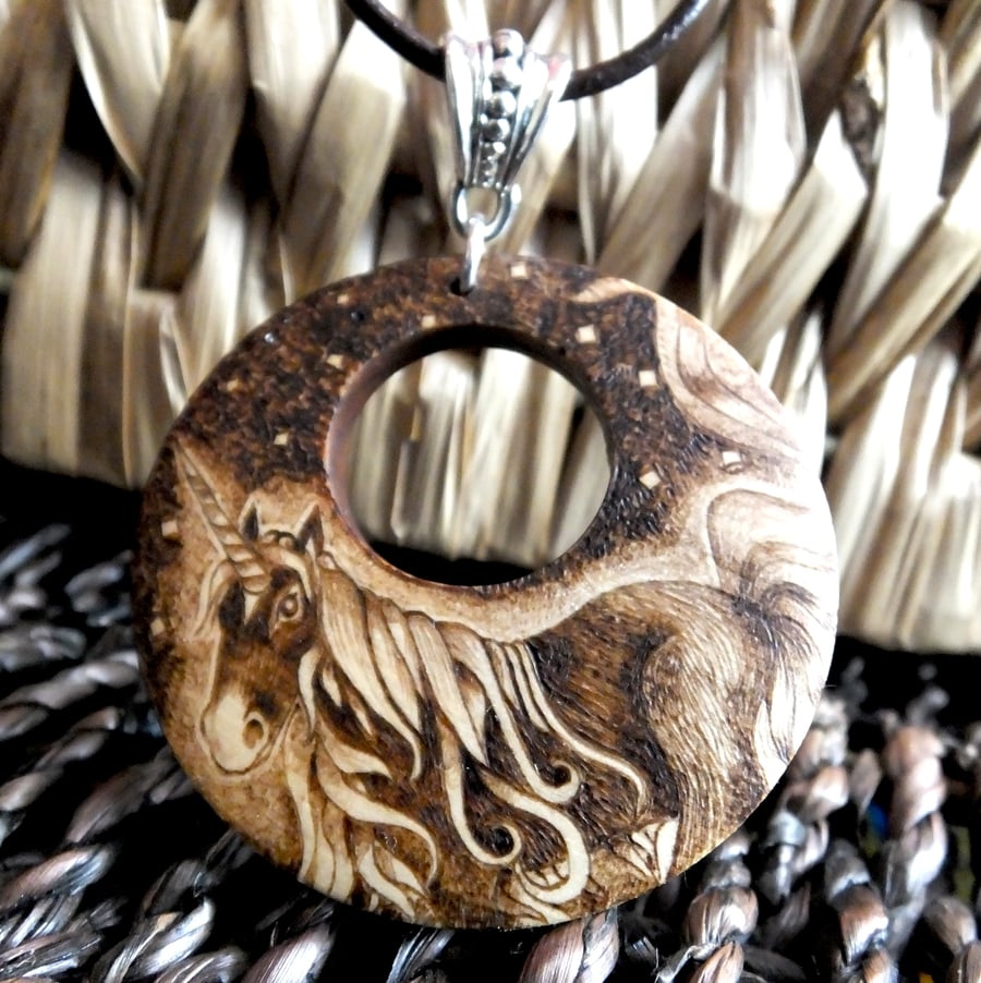 Unicorn Gaze Wooden Pyrography Pendant Necklace