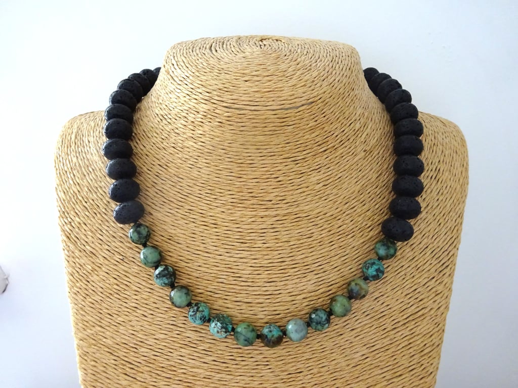 lava and turquoise gemstone knotted necklace
