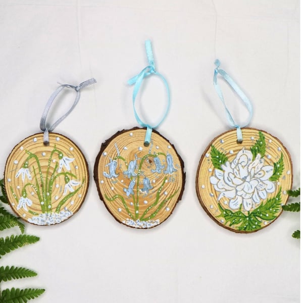 Bluebell, Snowdrop and Rose set of 3 Christmas decorations 