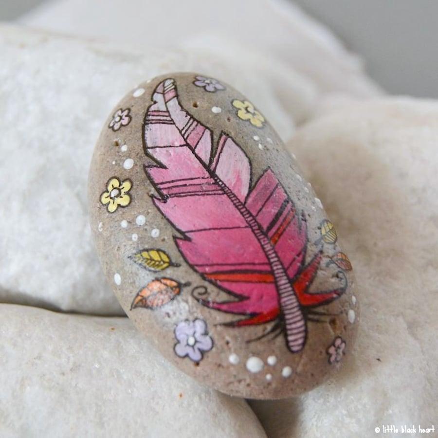 little pink feather - painted pebble