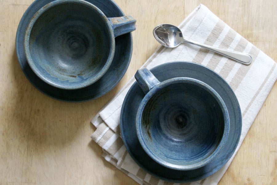 SECONDS SALE - Pottery cappuccino cups with saucers glazed in smokey blue