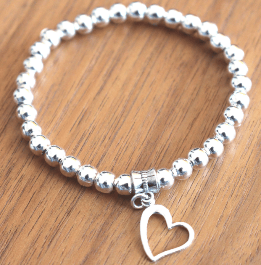 Silver Beads Stretchy Bracelet with Heart Charm