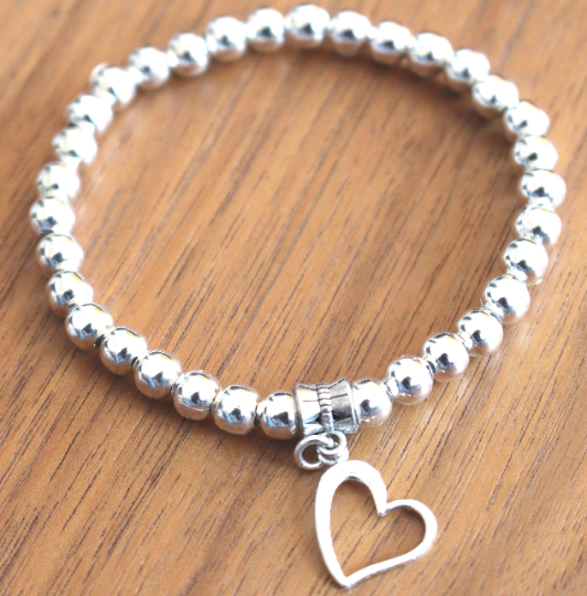 Silver Beads Stretchy Bracelet with Heart Charm
