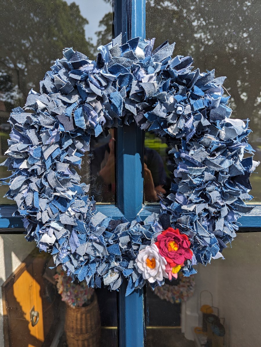 Handmade Upcycled eco Wreath Eco Denim with felt flowers