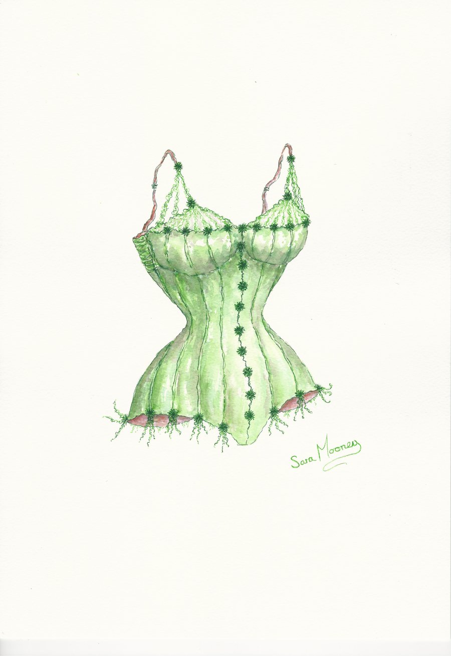 Corset original watercolour painting in emerald green
