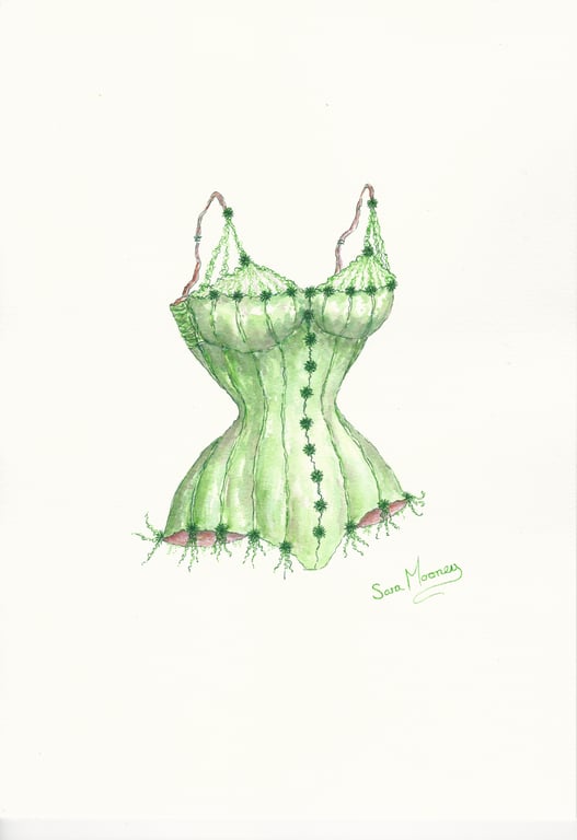 Corset original watercolour painting in emerald green