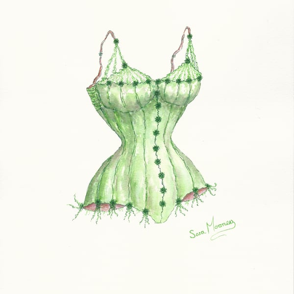 Corset original watercolour painting in emerald green