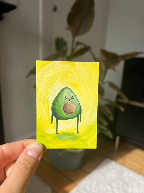 ACEO original - cute avovado on yellow - acrylic paint - by Holly Rutter