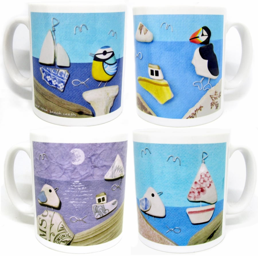 4 x Seaside Mugs & Gift Boxes - Seagull, Puffin, Boat, Whale, Seal, Blue Tit