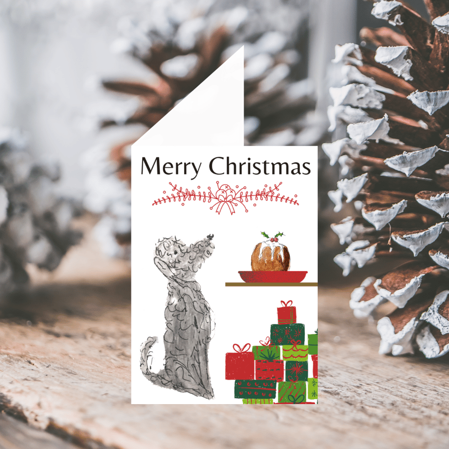 Bedlington Terrier Dog Christmas Card, christmas pudding, BTPUDB