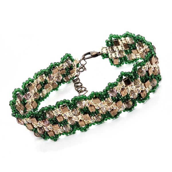 Stunning and elegant green, gold and bronze shimmering stripes bracelet