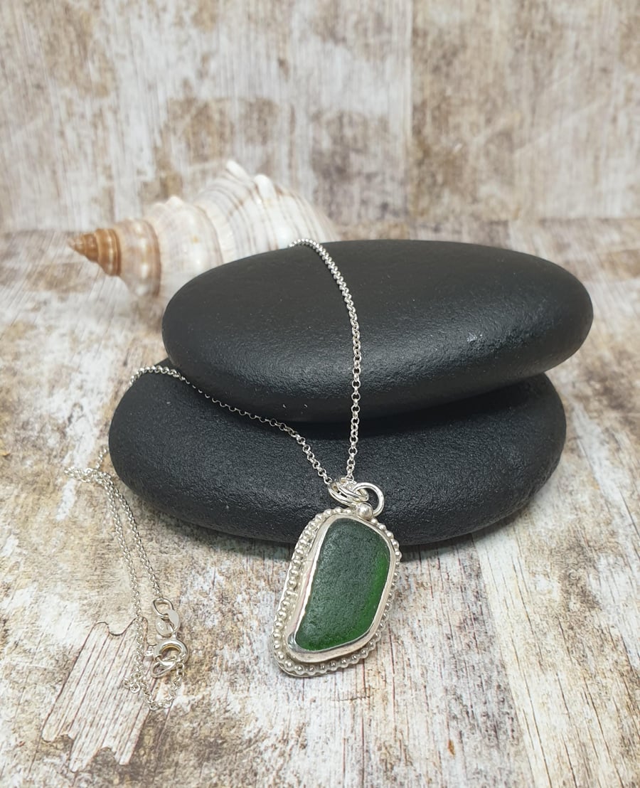 Sterling Silver 925 Beautiful Green Seaham Seaglass Pendant Full Hallmark