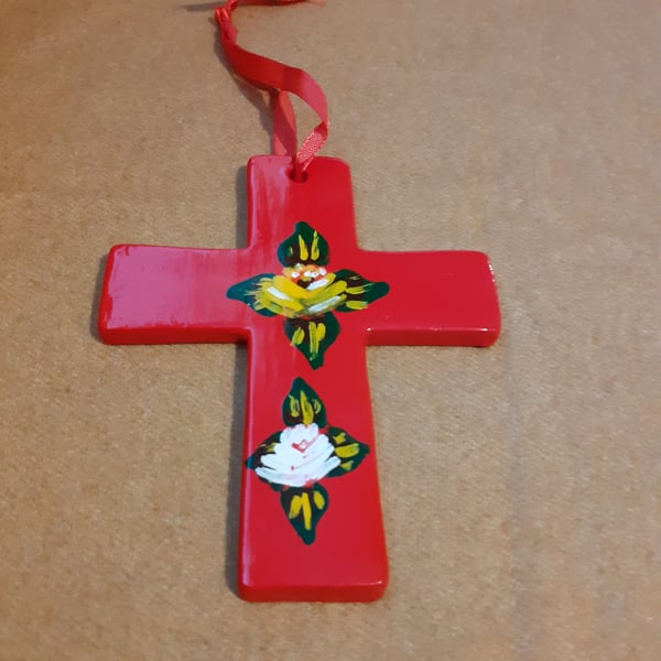 Ceramic cross with canal art style roses and daisies