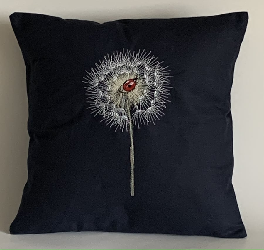 Beautiful Dandelion & Ladybird Embroidered Cushion Cover NAVY