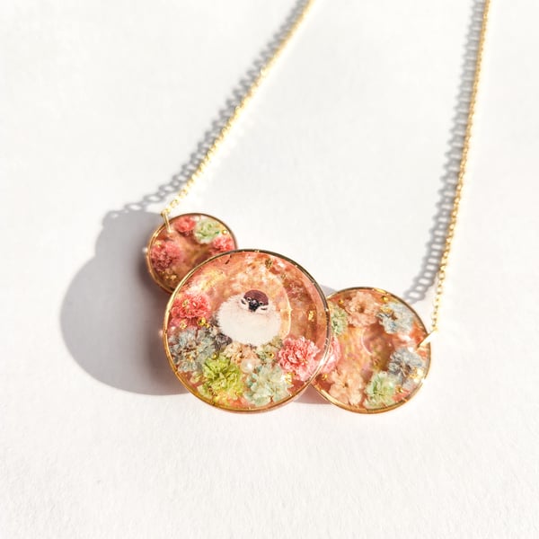 Bird Necklace with Real Dried Flowers
