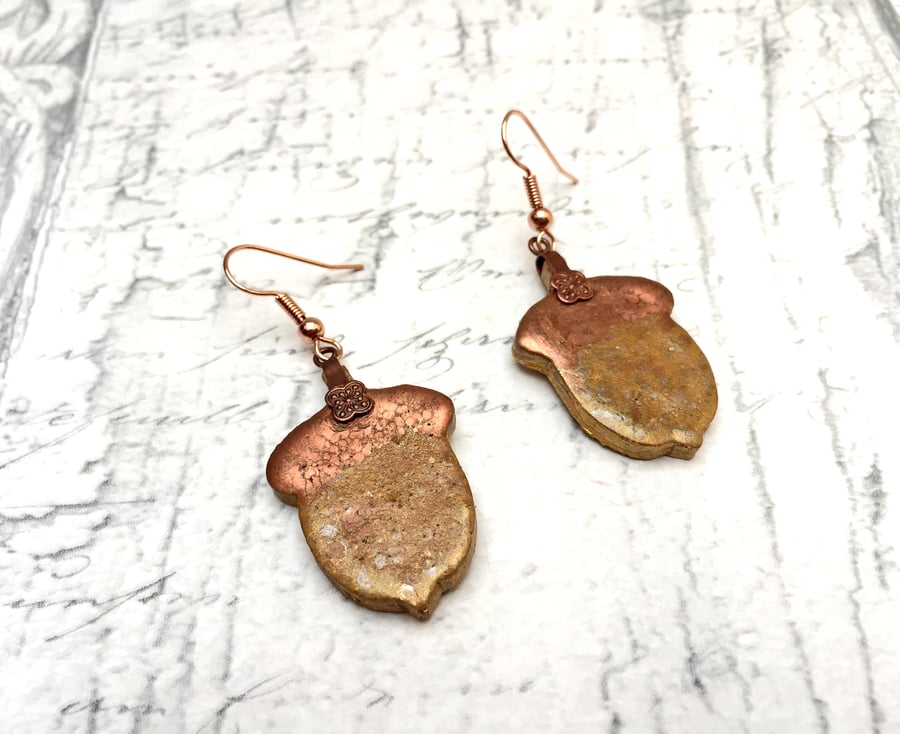 Wooden Acorn earrings in copper and gold embossing enamel