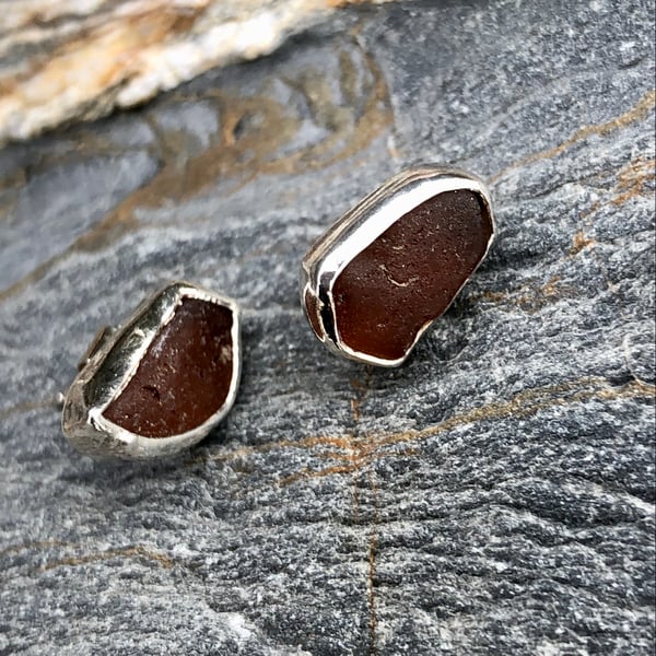 Amber Brown Sea Glass and Sterling Silver Stud Earrings - 1051