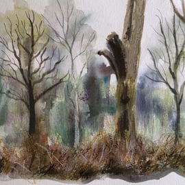 Original watercolour painting of trees in the wood