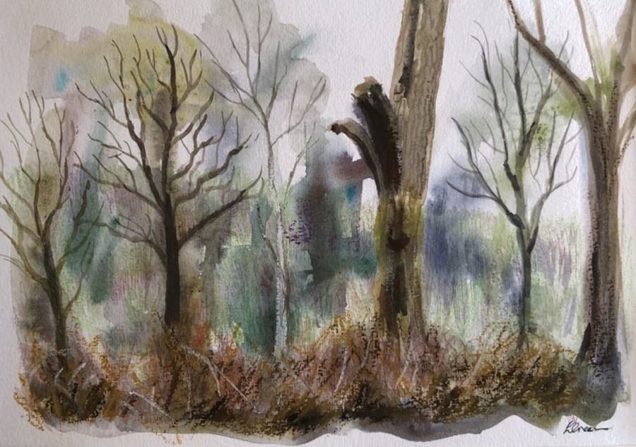 Original watercolour painting of trees in the wood