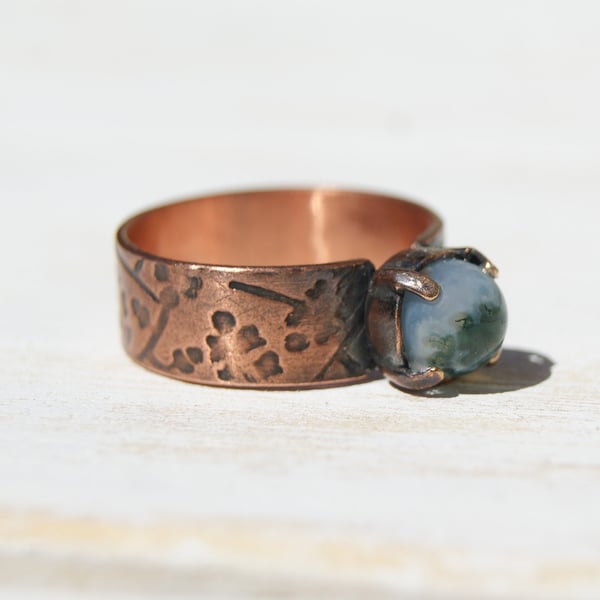 Green Moss Agate Ring, Pure Copper Ring Size Q.5 ,Boho Ring