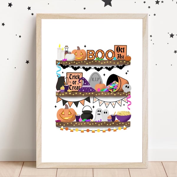 Halloween Wall Art Print, Spooky Cute Art Print, Trick or Treat Decor.