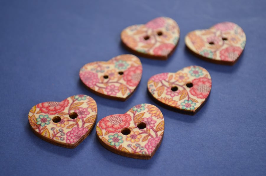 Wooden Heart Buttons Floral Pink Brown Turquoise 6pk 25x22mm (H18)
