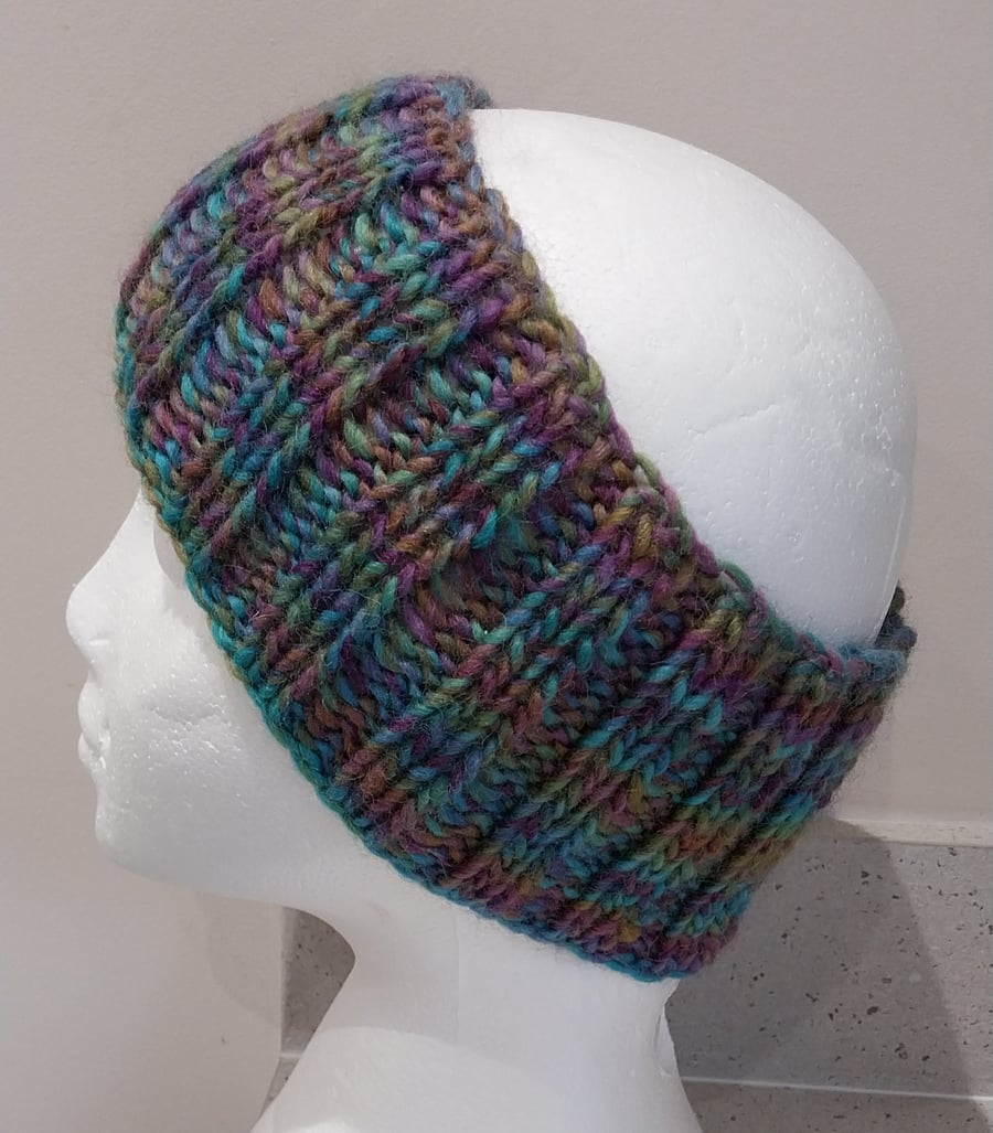 Hand Knitted pure wool chunky Headband M multi green