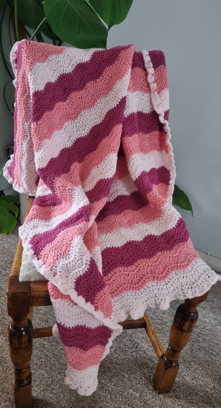 Pretty pink crochet baby blanket,  striped ripple effect, newborn gift