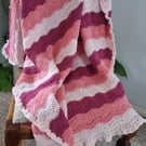 Pretty pink crochet baby blanket,  striped ripple effect, newborn gift